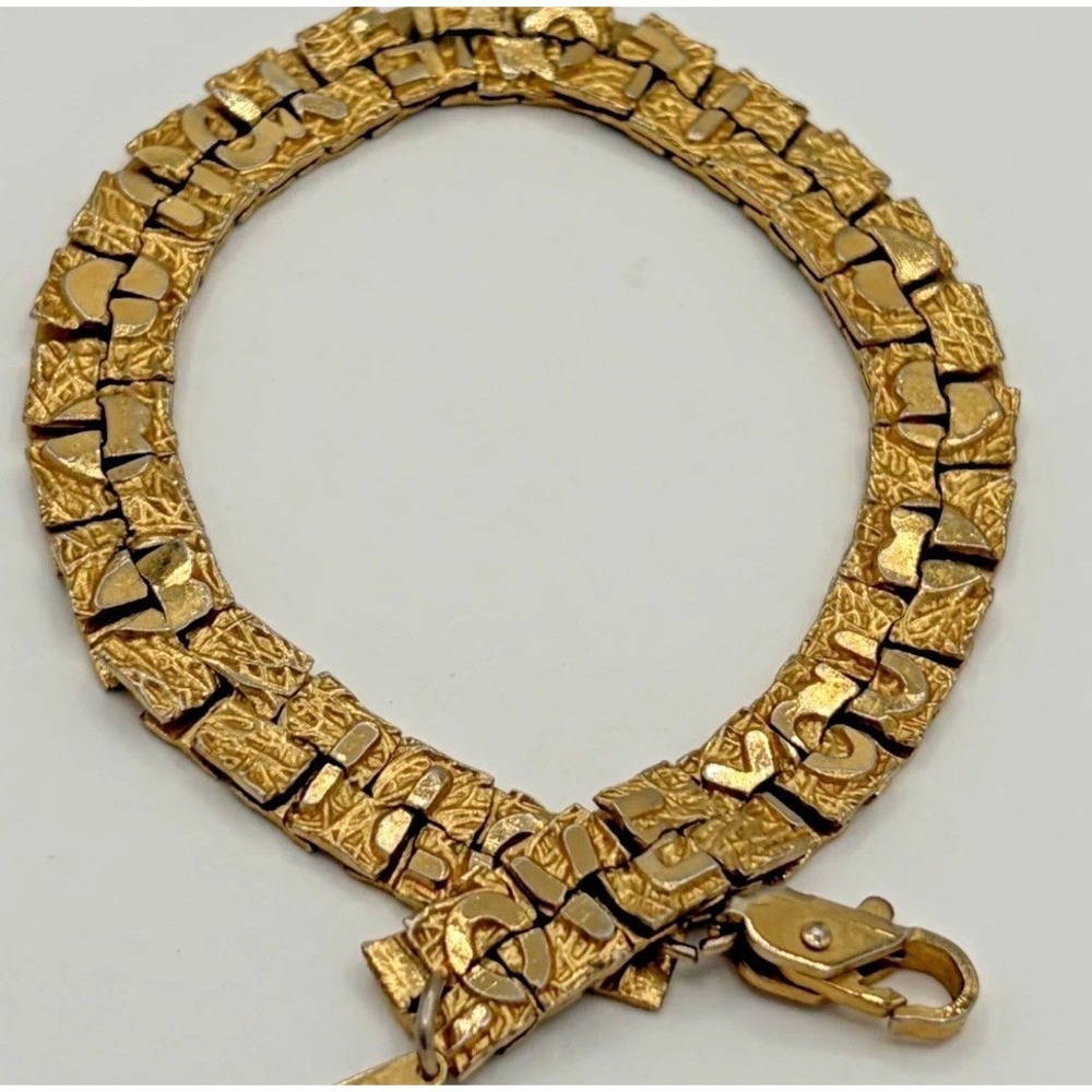 Vintage I Love You Text Link Bracelet Yellow Gold Tone Textured Nugget